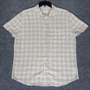 Mutual Weave Shirt Mens XL‎ Beige Red Plaid Linen Short Sleeve Button Up Pocket